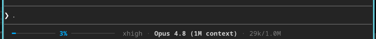 Claude Code status line at 3% — a blue context bar, just after a /compact