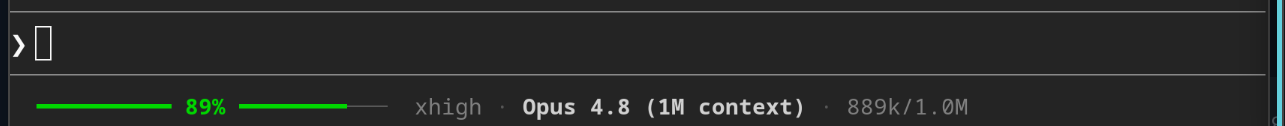 Claude Code status line at 89% — a green context bar, healthy working range