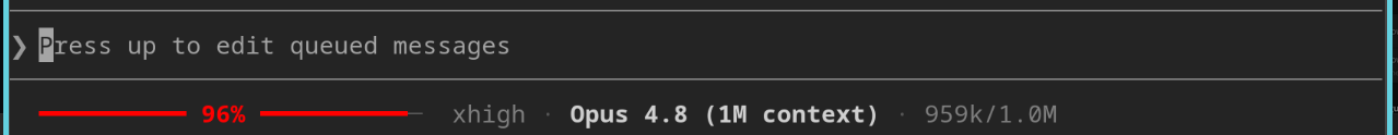 Claude Code status line at 96% — a red context bar, act now