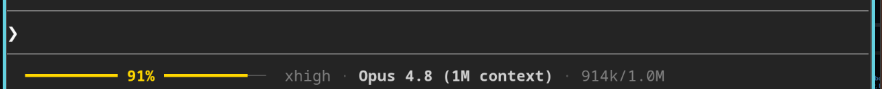 Claude Code status line at 91% — a yellow context bar, filling up
