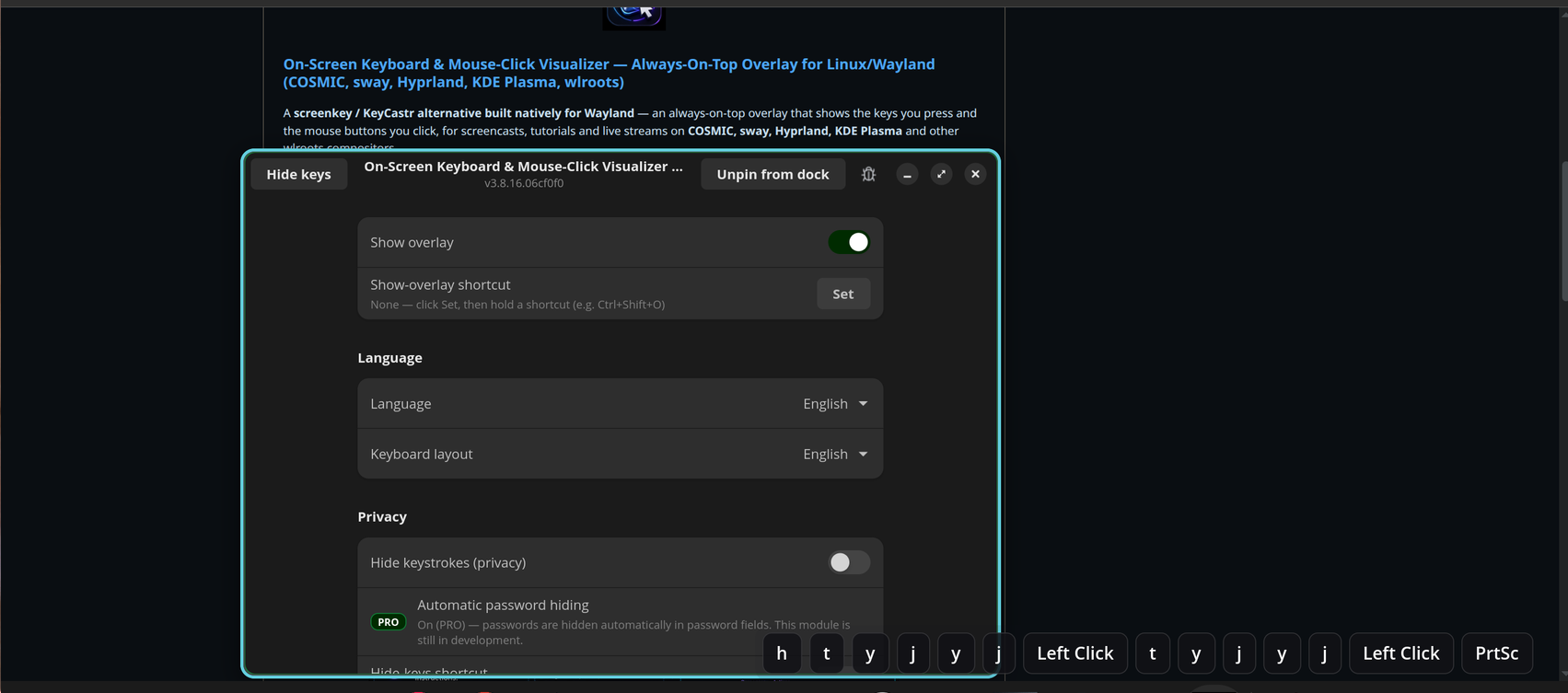 On-Screen Keyboard & Mouse-Click Visualizer overlay in action — the settings window and the overlay bar showing the keys pressed and the mouse clicks